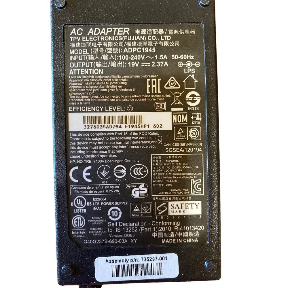 TPV Electronics AC Adapter Model ADPC1945 Electronics Power Cord